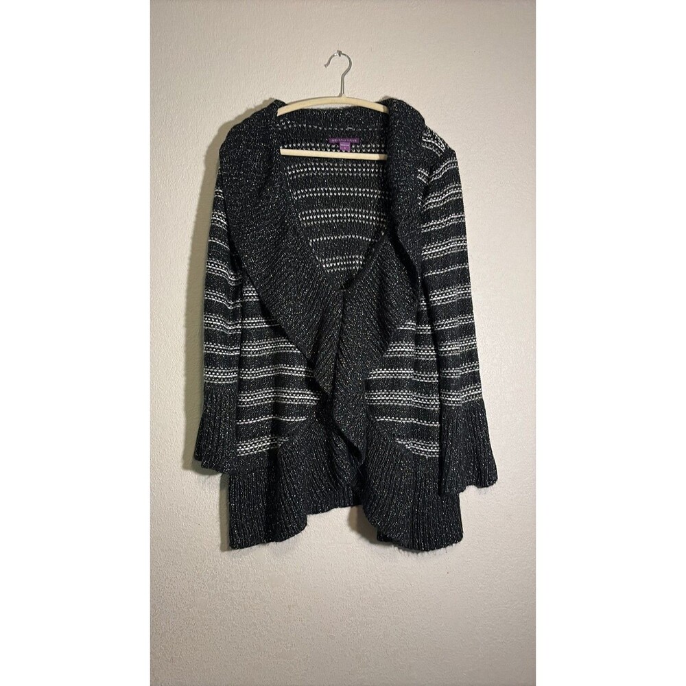 Beverly Drive Metallic Stripe Ruffle Front Cardigan Sweater - Plus Size 1X